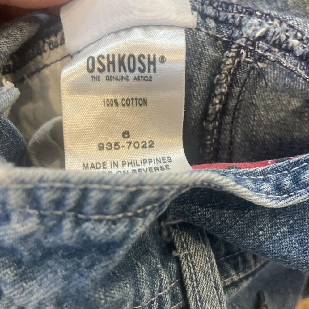 Vintage OshKosh Floral Denim Skirtall Jumper Girls 6 Flag Embroidery July 4th
